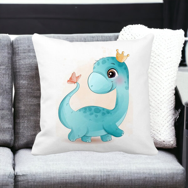 Perna Decorativa Patrata Blue Baby Dinozaur, 40x40 cm, Alba, Mata, Husa Detasabila, Burduf 14 Mata