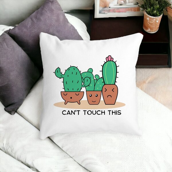 Perna Decorativa Patrata Cactus Can't Touch This, 40x40 cm, Alba, Mata, Husa Detasabila, Burduf 14 Mata