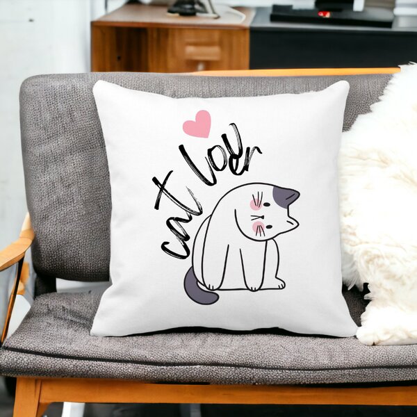 Perna Decorativa Patrata Cat Lover, 40x40 cm, Alba, Mata, Husa Detasabila, Burduf 13 Alba