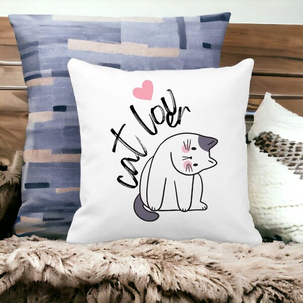 Perna Decorativa Patrata Cat Lover, 40x40 cm, Alba, Mata, Husa Detasabila, Burduf 14 Mata