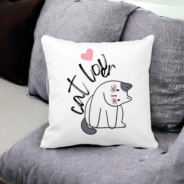 Perna Decorativa Patrata Cat Lover, 40x40 cm, Alba, Mata, Husa Detasabila, Burduf 15 Husa Detasabila