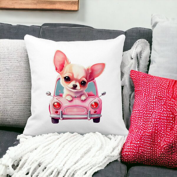 Perna Decorativa Patrata Chihuahua Love, 40x40 cm, Alba, Mata, Husa Detasabila, Burduf 14 Mata