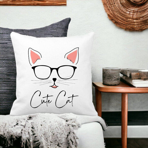 Perna Decorativa Patrata Cute Cat, 40x40 cm, Alba, Mata, Husa Detasabila, Burduf 12 40x40 cm