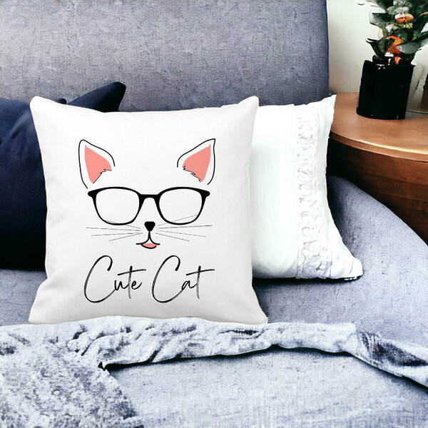 Perna Decorativa Patrata Cute Cat, 40x40 cm, Alba, Mata, Husa Detasabila, Burduf 13 Alba