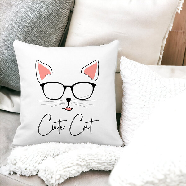 Perna Decorativa Patrata Cute Cat, 40x40 cm, Alba, Mata, Husa Detasabila, Burduf 14 Mata