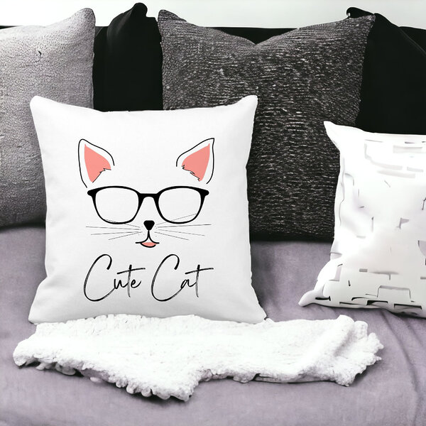 Perna Decorativa Patrata Cute Cat, 40x40 cm, Alba, Mata, Husa Detasabila, Burduf 15 Husa Detasabila