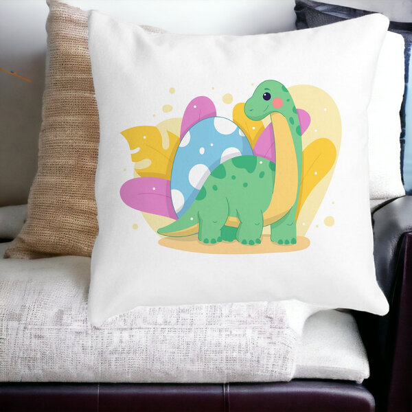 Perna Decorativa Patrata Dinozaur Galben Verde, 40x40 cm, Alba, Mata, Husa Detasabila, Burduf 13 Alba