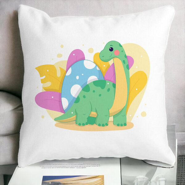 Perna Decorativa Patrata Dinozaur Galben Verde, 40x40 cm, Alba, Mata, Husa Detasabila, Burduf 14 Mata