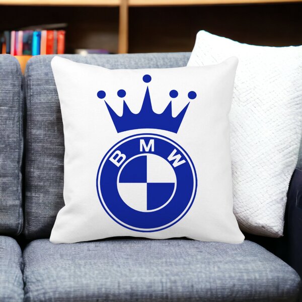 Perna Decorativa Patrata Emblema BMW King, 40x40 cm, Alba, Mata, Husa Detasabila, Burduf 13 Alba