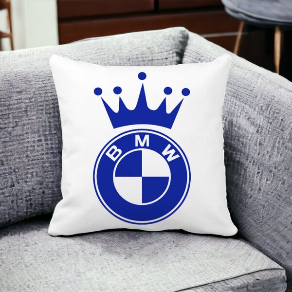 Perna Decorativa Patrata Emblema BMW King, 40x40 cm, Alba, Mata, Husa Detasabila, Burduf 14 Mata