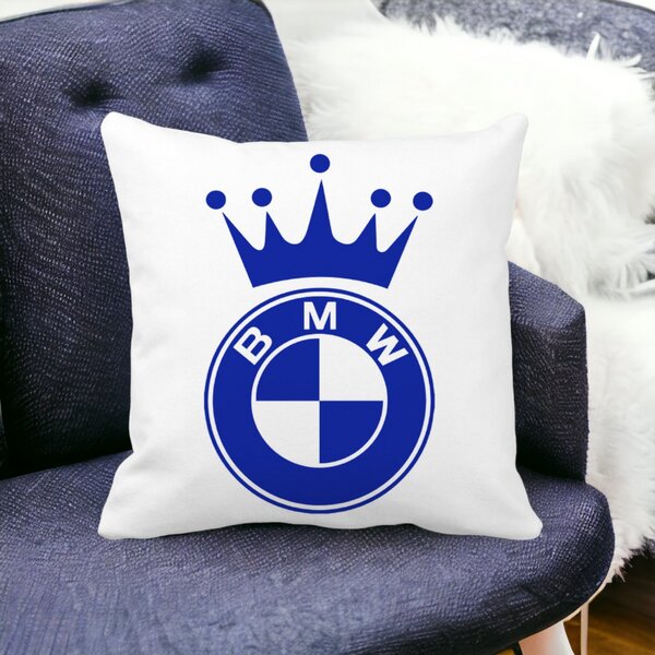 Perna Decorativa Patrata Emblema BMW King, 40x40 cm, Alba, Mata, Husa Detasabila, Burduf 15 Husa Detasabila