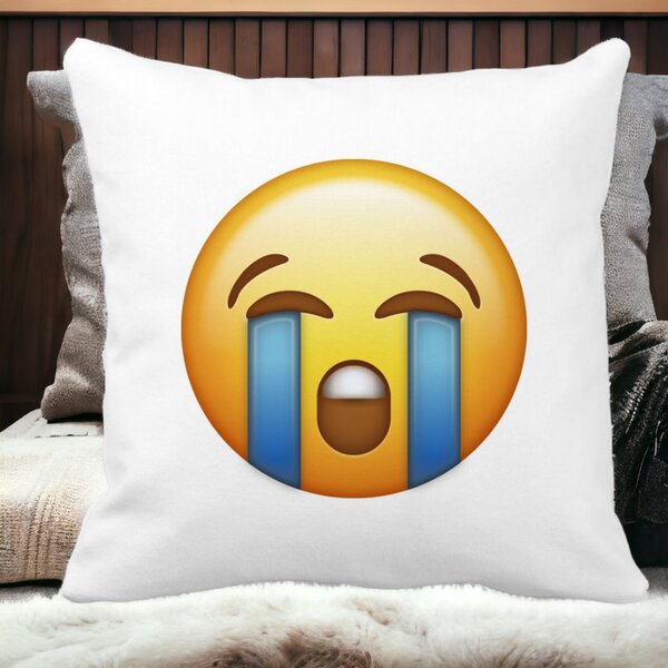 Perna Decorativa Patrata Emoji Cry, 40x40 cm, Alba, Mata, Husa Detasabila, Burduf 14 Mata