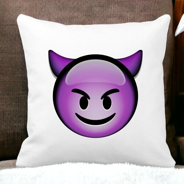 Perna Decorativa Patrata Emoji Diavol, 40x40 cm, Alba, Mata, Husa Detasabila, Burduf 12 40x40 cm