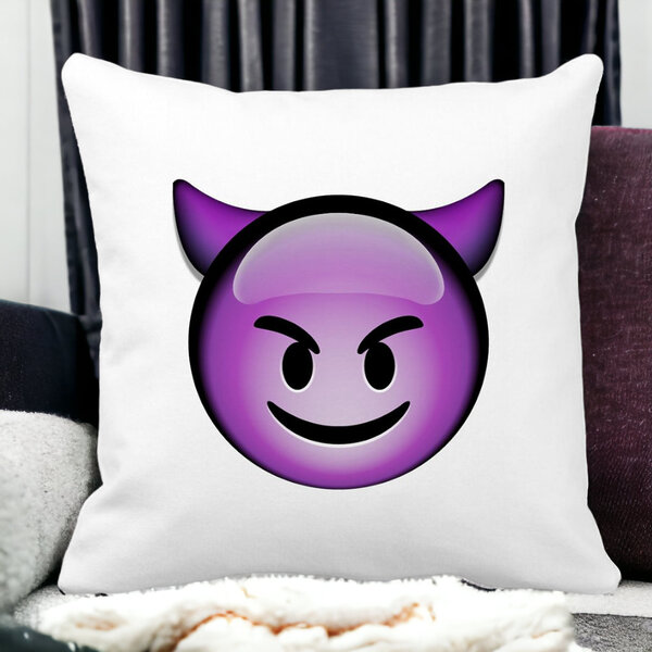 Perna Decorativa Patrata Emoji Diavol, 40x40 cm, Alba, Mata, Husa Detasabila, Burduf 13 Alba