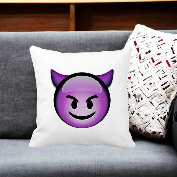 Perna Decorativa Patrata Emoji Diavol, 40x40 cm, Alba, Mata, Husa Detasabila, Burduf 14 Mata