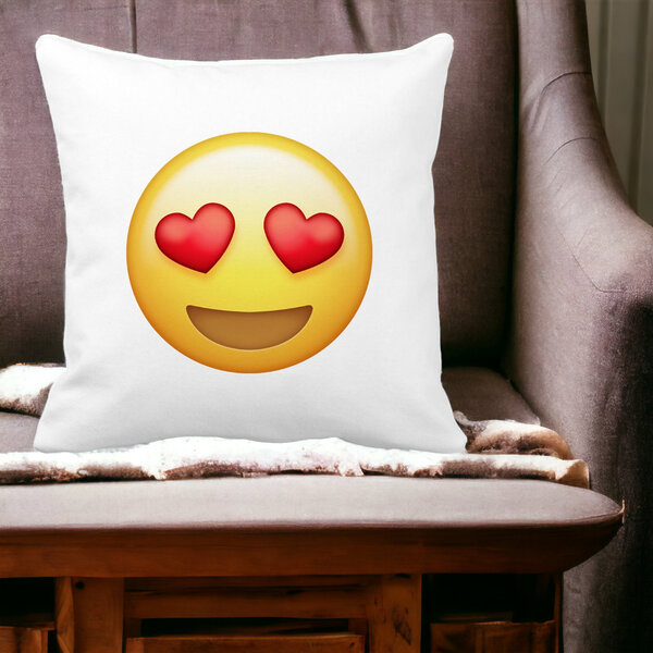 Perna Decorativa Patrata Emoji Fata cu Inimi, 40x40 cm, Alba, Mata, Husa Detasabila, Burduf 18 Burduf