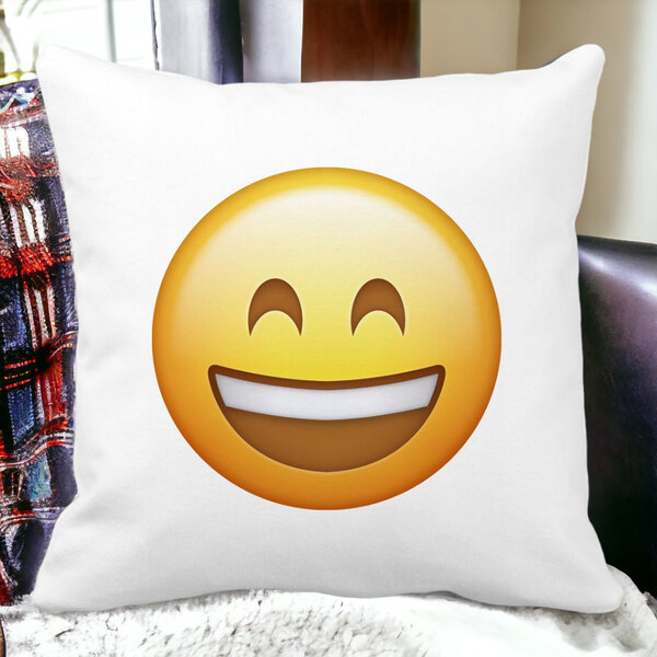 Perna Decorativa Patrata Emoji Fericit, 40x40 cm, Alba, Mata, Husa Detasabila, Burduf 13 Alba
