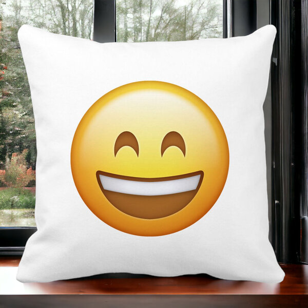 Perna Decorativa Patrata Emoji Fericit, 40x40 cm, Alba, Mata, Husa Detasabila, Burduf 14 Mata