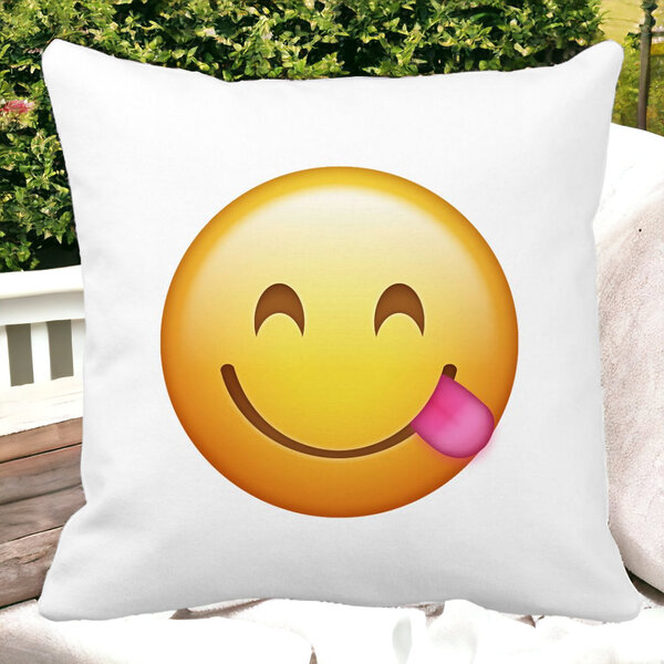 Perna Decorativa Patrata Emoji cu Limba, 40x40 cm, Alba, Mata, Husa Detasabila, Burduf 14 Mata