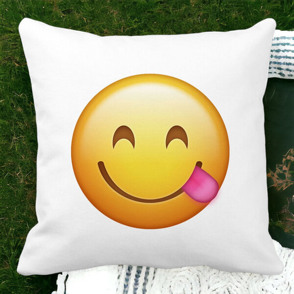 Perna Decorativa Patrata Emoji cu Limba, 40x40 cm, Alba, Mata, Husa Detasabila, Burduf 15 Husa Detasabila