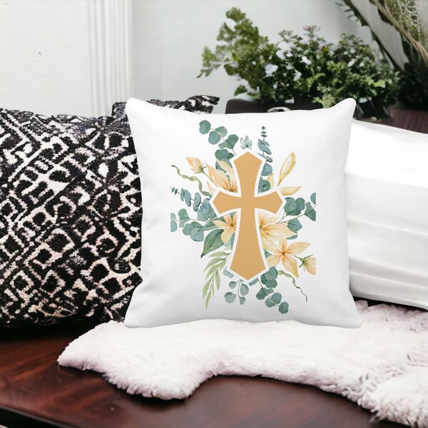 Perna Decorativa Patrata Florala cu Cruce, 40x40 cm, Alba, Mata, Husa Detasabila, Burduf 13 Alba