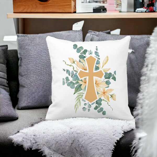 Perna Decorativa Patrata Florala cu Cruce, 40x40 cm, Alba, Mata, Husa Detasabila, Burduf 14 Mata