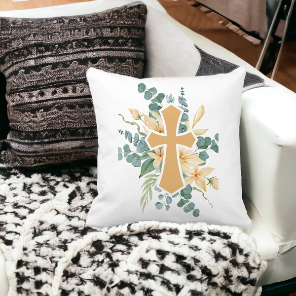 Perna Decorativa Patrata Florala cu Cruce, 40x40 cm, Alba, Mata, Husa Detasabila, Burduf 15 Husa Detasabila
