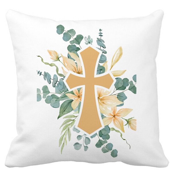 Perna Decorativa Patrata Florala cu Cruce, 40x40 cm, Alba, Mata, Husa Detasabila, Burduf 11 Perna Decorativa Patrata Florala cu Cruce