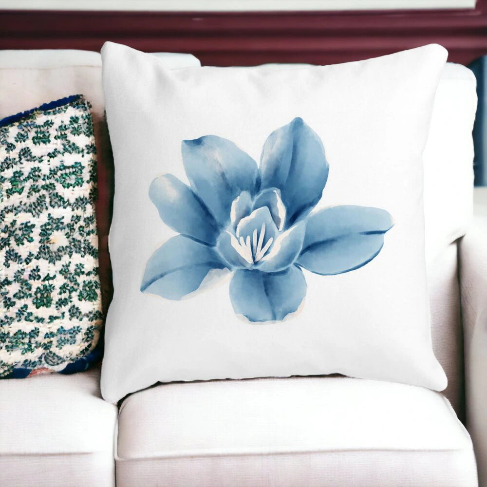 Perna Decorativa Patrata Florale Blue Flower, 40x40 cm, Alba, Mata, Husa Detasabila, Burduf 13 Alba