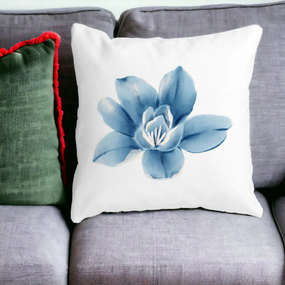 Perna Decorativa Patrata Florale Blue Flower, 40x40 cm, Alba, Mata, Husa Detasabila, Burduf 14 Mata