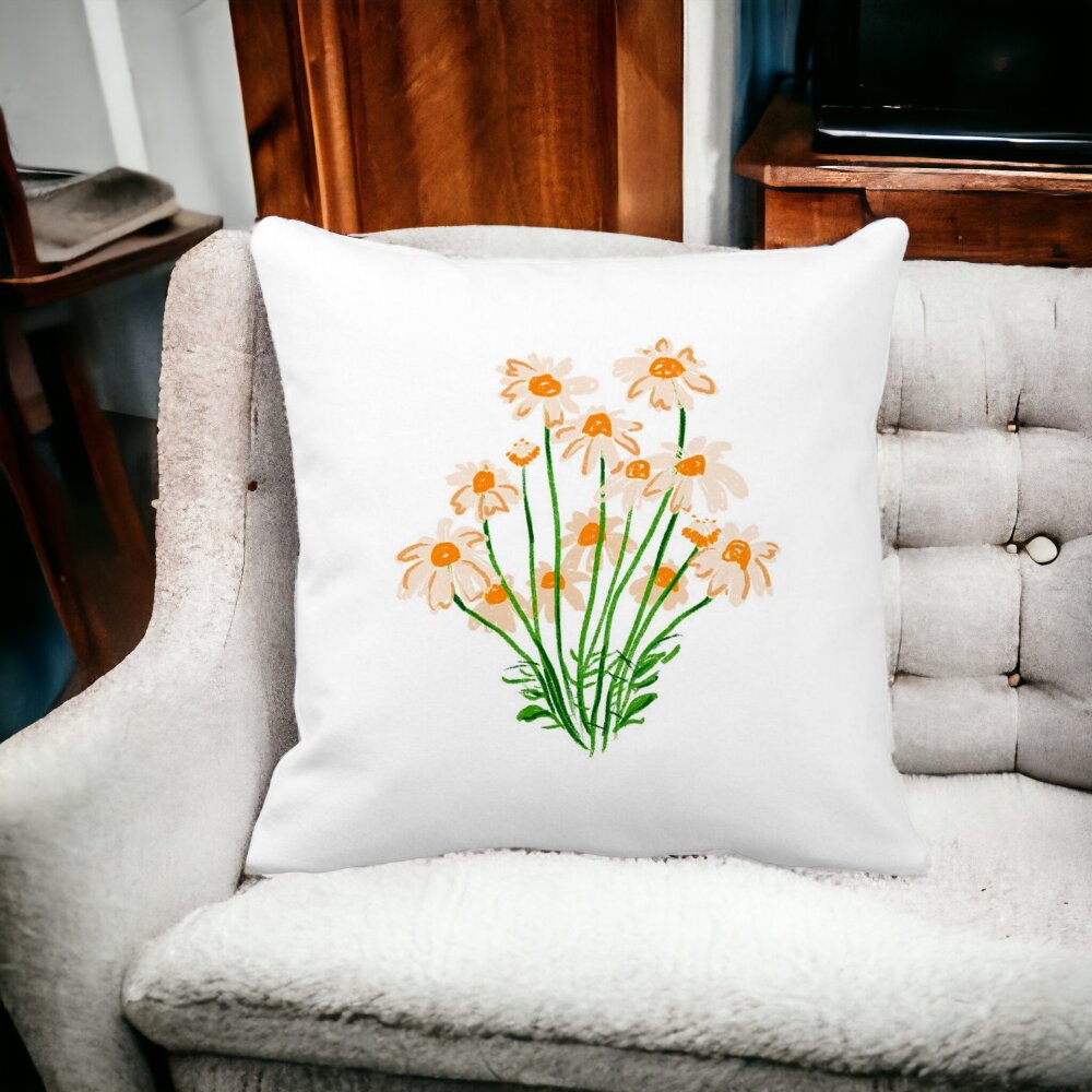 Perna Decorativa Patrata Florale Margarete, 40x40 cm, Alba, Mata, Husa Detasabila, Burduf 14 Mata