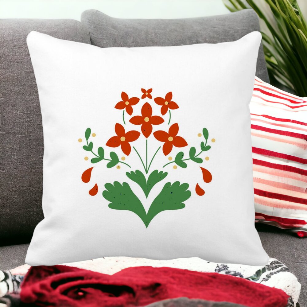 Perna Decorativa Patrata Florale Rosii, 40x40 cm, Alba, Mata, Husa Detasabila, Burduf 14 Mata