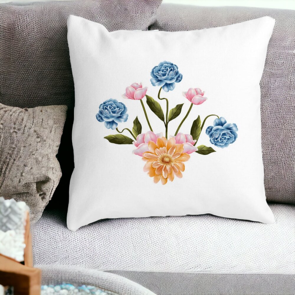 Perna Decorativa Patrata Florale Roz Gold si Albastru, 40x40 cm, Alba, Mata, Husa Detasabila, Burduf 13 Alba