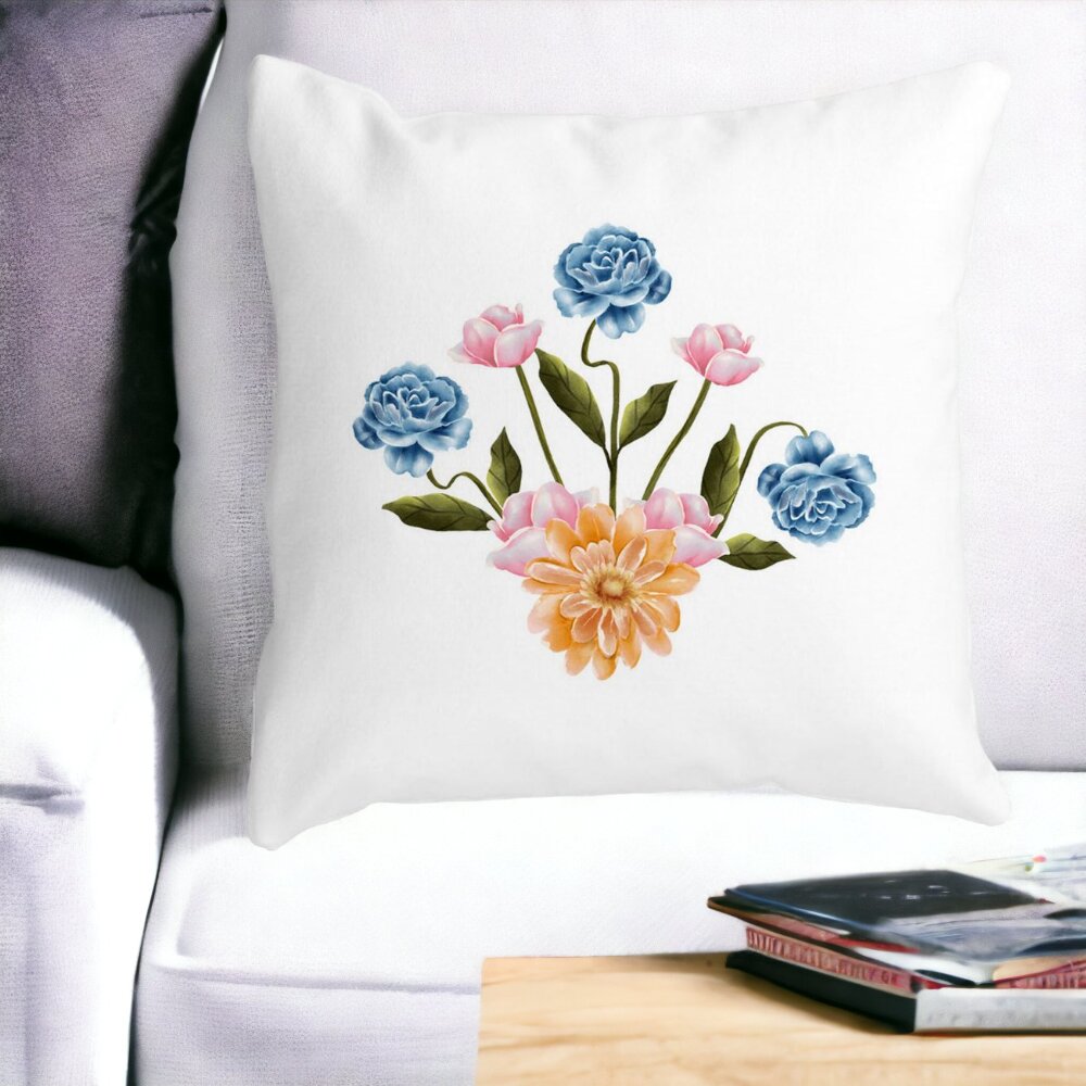 Perna Decorativa Patrata Florale Roz Gold si Albastru, 40x40 cm, Alba, Mata, Husa Detasabila, Burduf 14 Mata