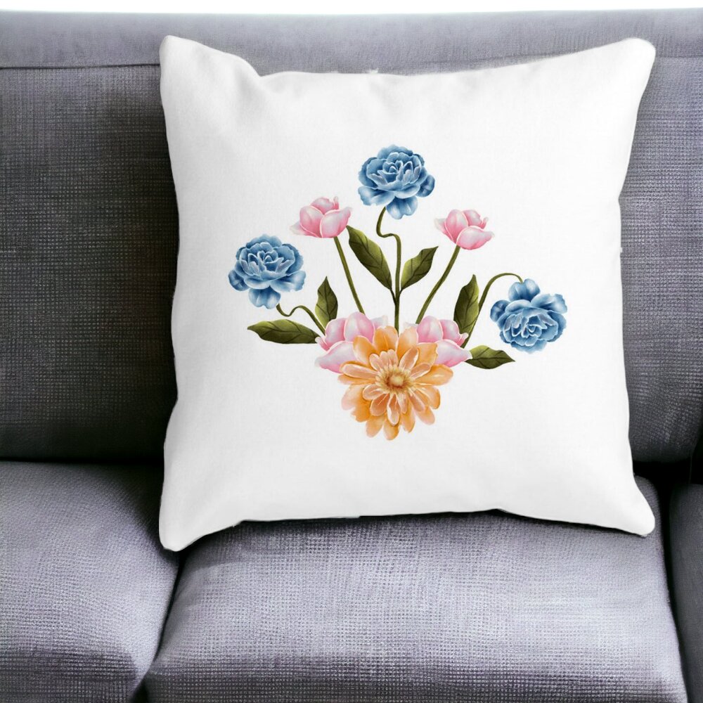 Perna Decorativa Patrata Florale Roz Gold si Albastru, 40x40 cm, Alba, Mata, Husa Detasabila, Burduf 15 Husa Detasabila