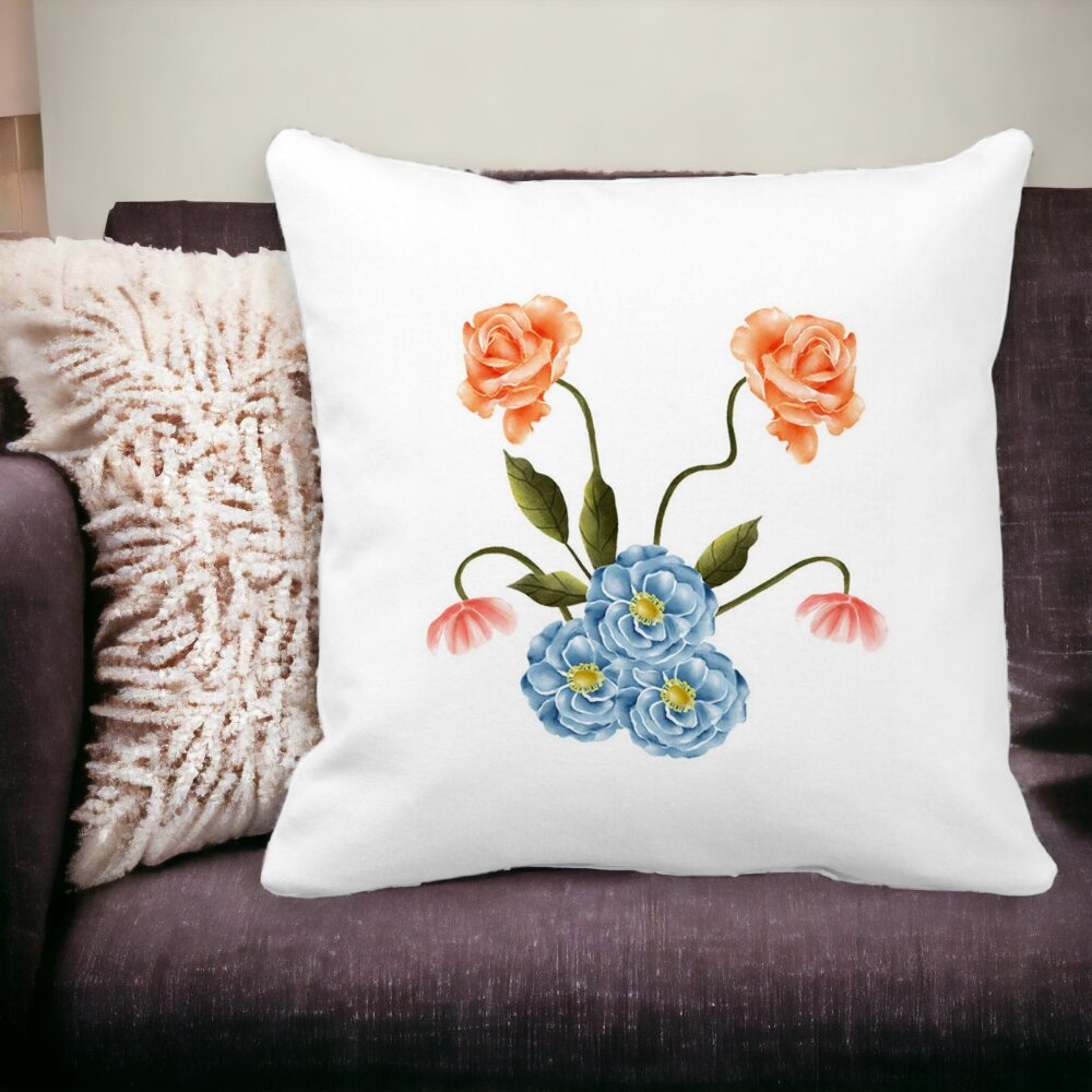Perna Decorativa Patrata Florale Roz si Alastru, 40x40 cm, Alba, Mata, Husa Detasabila, Burduf 12 40x40 cm