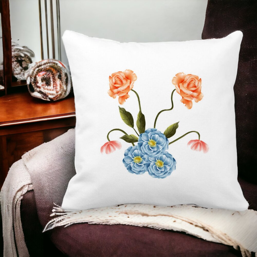 Perna Decorativa Patrata Florale Roz si Alastru, 40x40 cm, Alba, Mata, Husa Detasabila, Burduf 13 Alba
