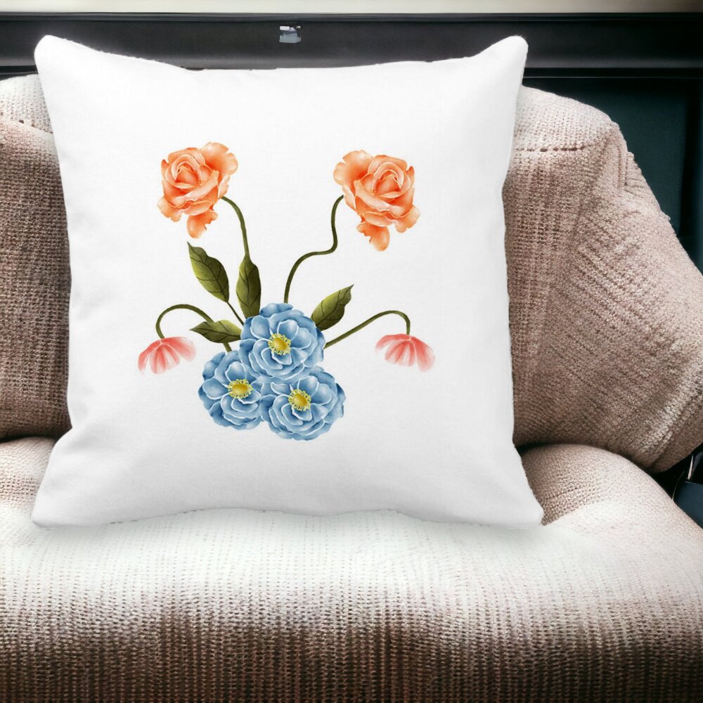 Perna Decorativa Patrata Florale Roz si Alastru, 40x40 cm, Alba, Mata, Husa Detasabila, Burduf 14 Mata