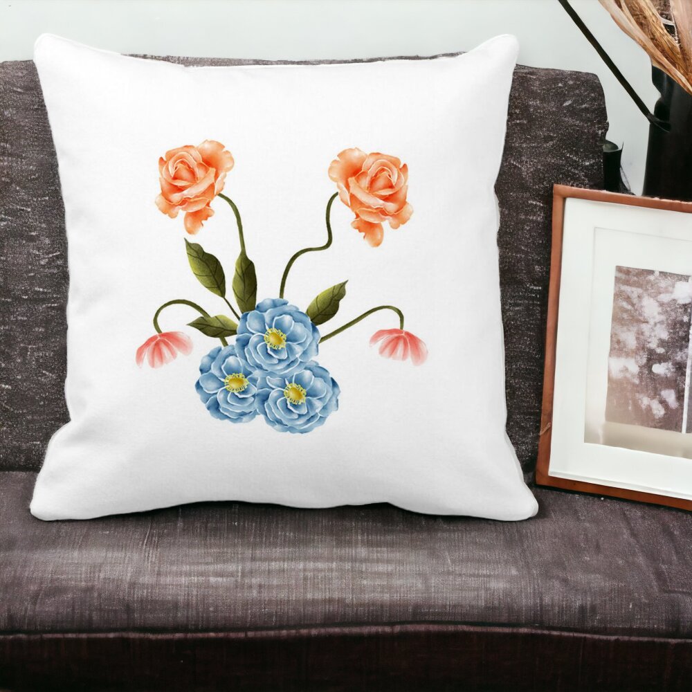 Perna Decorativa Patrata Florale Roz si Alastru, 40x40 cm, Alba, Mata, Husa Detasabila, Burduf 15 Husa Detasabila