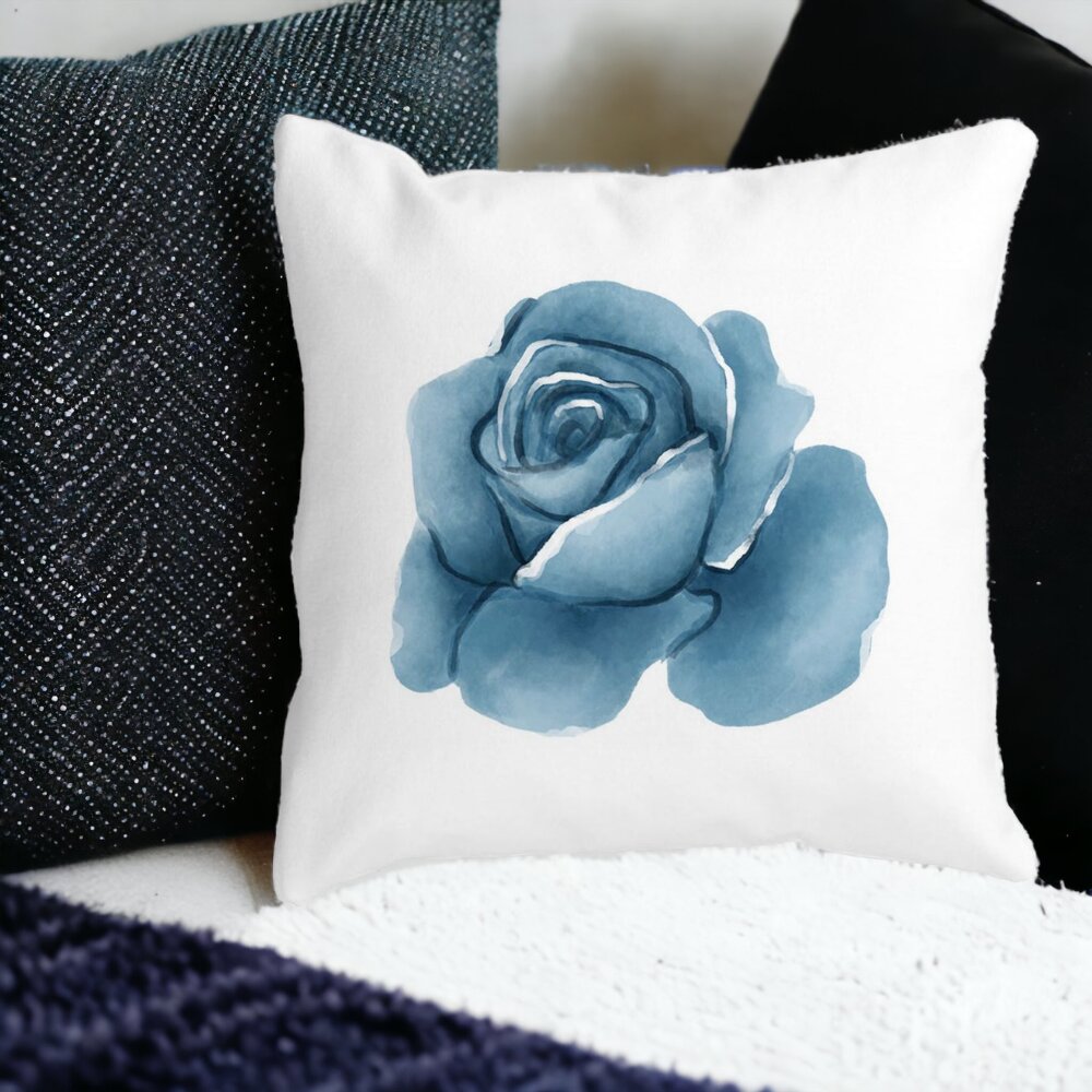 Perna Decorativa Patrata Florale Trandafir Albastru, 40x40 cm, Alba, Mata, Husa Detasabila, Burduf 14 Mata