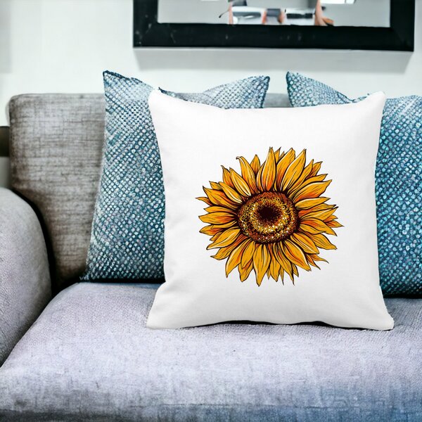 Perna Decorativa Patrata Florea Soarelui, 40x40 cm, Alba, Mata, Husa Detasabila, Burduf 13 Alba