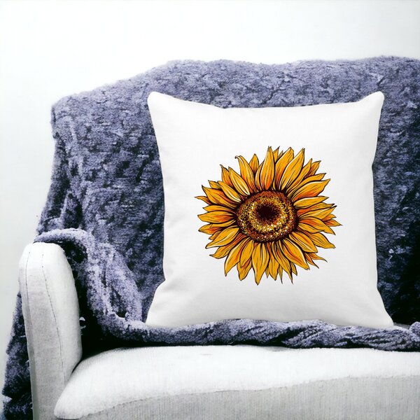 Perna Decorativa Patrata Florea Soarelui, 40x40 cm, Alba, Mata, Husa Detasabila, Burduf 14 Mata