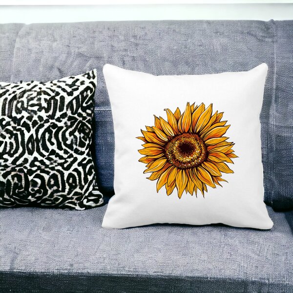 Perna Decorativa Patrata Florea Soarelui, 40x40 cm, Alba, Mata, Husa Detasabila, Burduf 15 Husa Detasabila