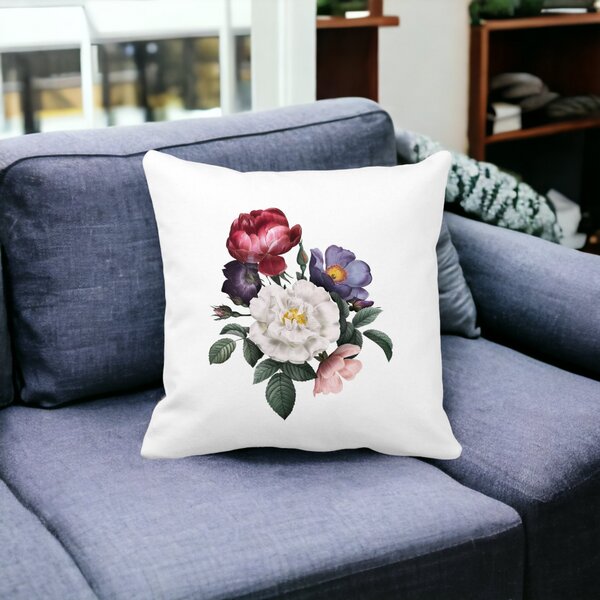 Perna Decorativa Patrata Flori de Vara, 40x40 cm, Alba, Mata, Husa Detasabila, Burduf 12 40x40 cm