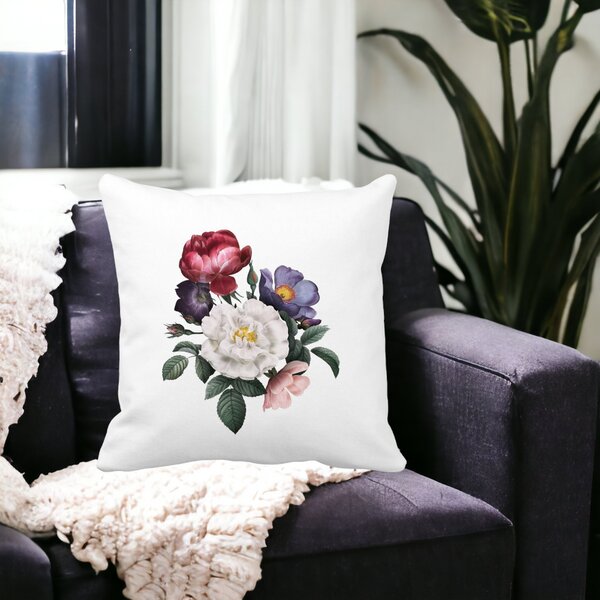 Perna Decorativa Patrata Flori de Vara, 40x40 cm, Alba, Mata, Husa Detasabila, Burduf 14 Mata