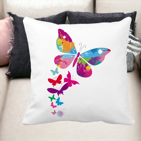 Perna Decorativa Patrata Fluture Colorful, 40x40 cm, Alba, Mata, Husa Detasabila, Burduf 12 40x40 cm