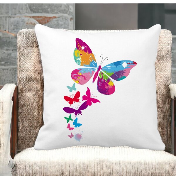 Perna Decorativa Patrata Fluture Colorful, 40x40 cm, Alba, Mata, Husa Detasabila, Burduf 13 Alba