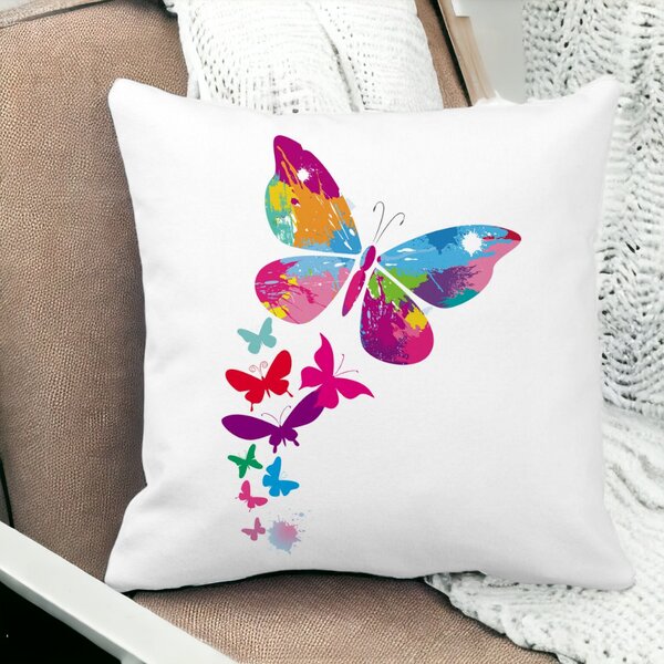 Perna Decorativa Patrata Fluture Colorful, 40x40 cm, Alba, Mata, Husa Detasabila, Burduf 15 Husa Detasabila