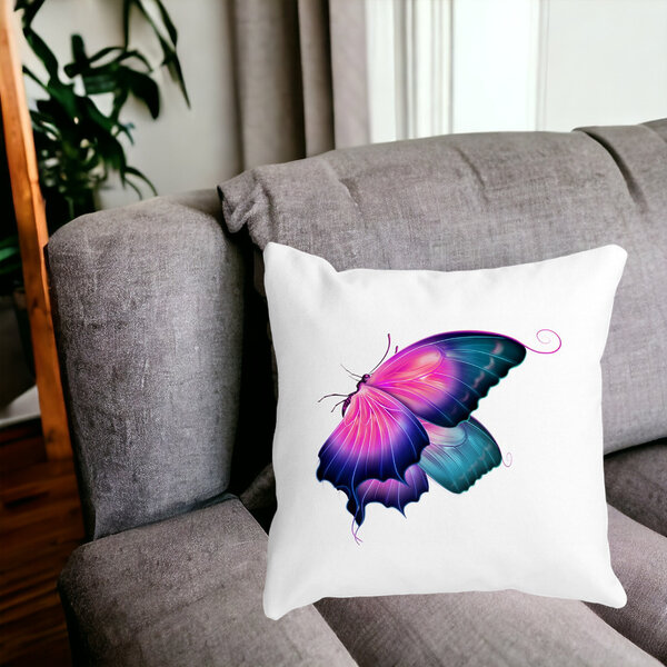 Perna Decorativa Patrata Fluture Multicolor, 40x40 cm, Alba, Mata, Husa Detasabila, Burduf 14 Mata