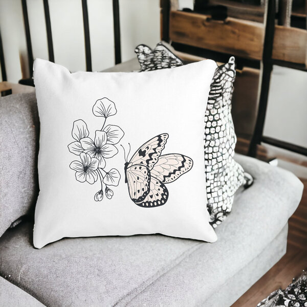 Perna Decorativa Patrata Fluture si Flori, 40x40 cm, Alba, Mata, Husa Detasabila, Burduf 14 40x40 cm